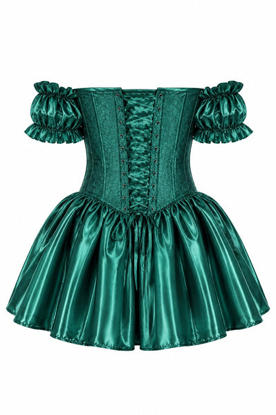 Top Drawer Emerald Green Brocade & Silk Steel Boned Corset Dress w/Sleeves