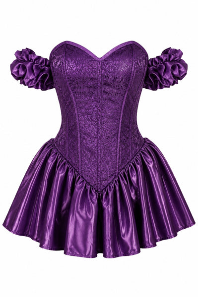 Top Drawer Dark Purple Plum Brocade & Silk Steel Boned Corset Dress w/Sleeves