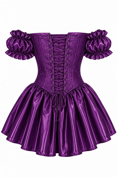 Top Drawer Dark Purple Plum Brocade & Silk Steel Boned Corset Dress w/Sleeves