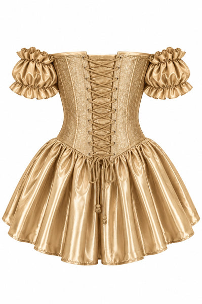 Top Drawer Gold Brocade & Silk Steel Boned Corset Dress w/Sleeves