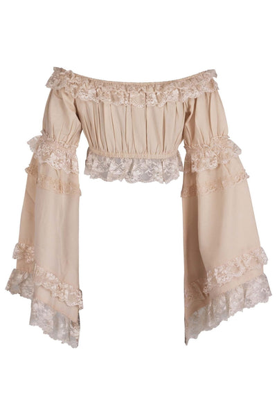 Beige Smocked Flare Sleeve Peasant Top - Daisy Corsets