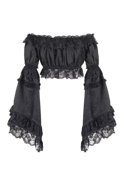 Black Brocade Smocked Flare Sleeve Peasant Top - Daisy Corsets