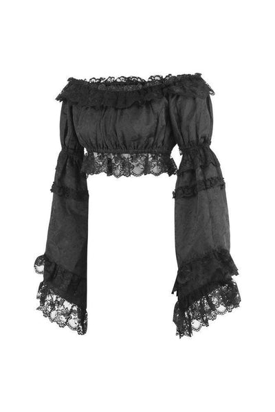 Black Brocade Smocked Flare Sleeve Peasant Top - Daisy Corsets