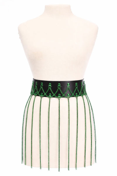 Black Faux Leather & Green Metallic Chain Fringe Skirt - Daisy Corsets