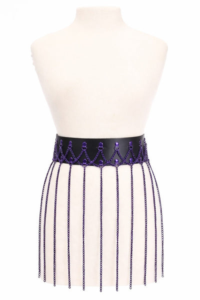 Black Faux Leather & Purple Metallic Chain Fringe Skirt - Daisy Corsets