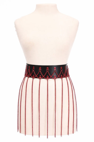 Black Faux Leather & Red Metallic Chain Fringe Skirt - Daisy Corsets