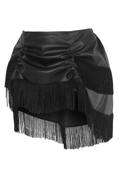 Black Faux Leather Ruched Bustle Skirt w/Fringe - Daisy Corsets
