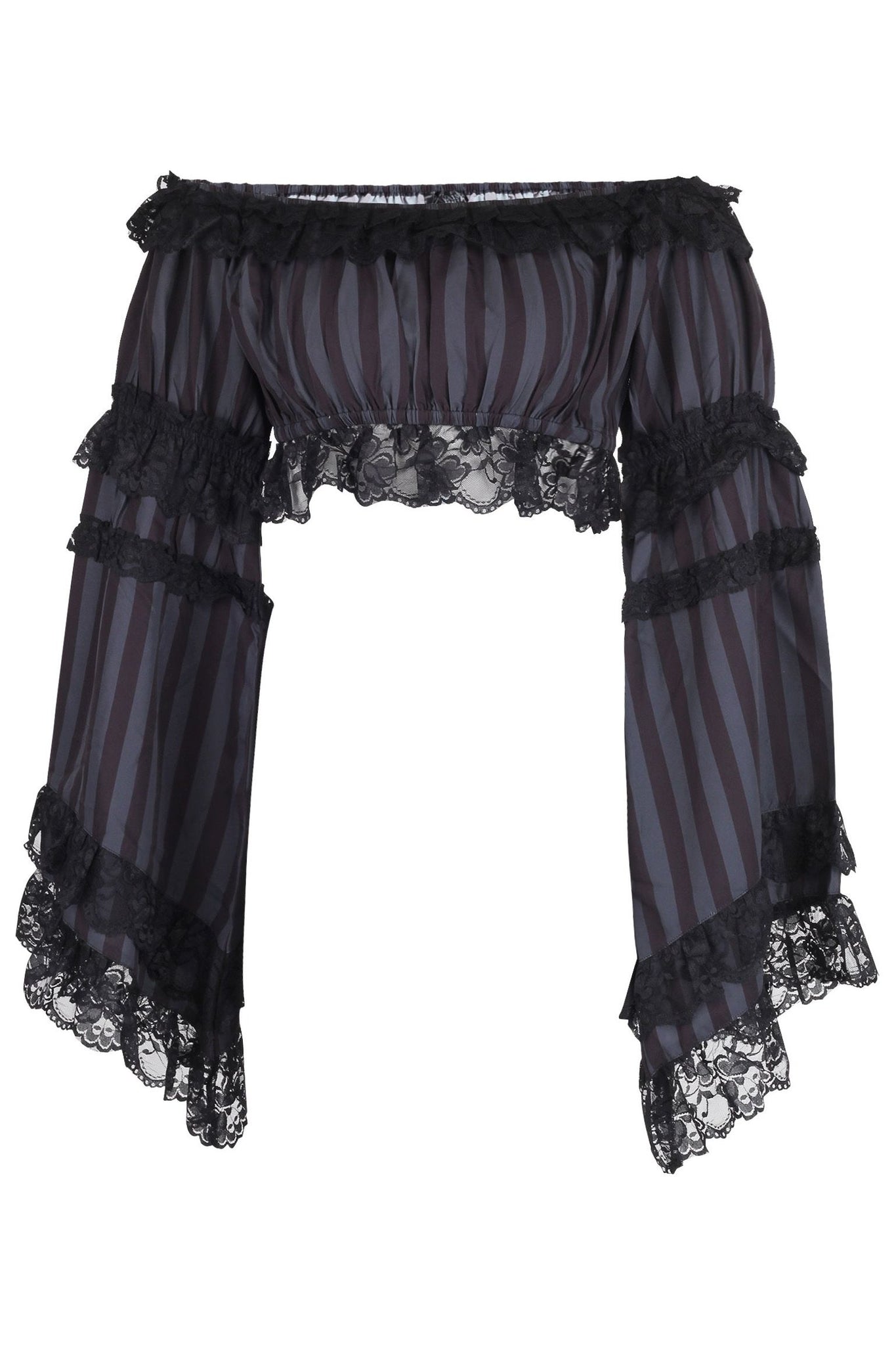 Black/Grey Striped Smocked Flare Sleeve Peasant Top - Daisy Corsets