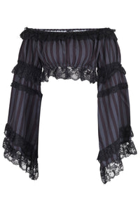 Black/Grey Striped Smocked Flare Sleeve Peasant Top - Daisy Corsets