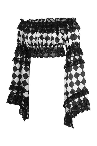 Black/White Diamond Print Satin & Lace Peasant Top - Daisy Corsets