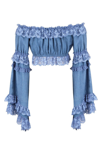 Blue Denim Smocked Flare Sleeve Peasant Top - Daisy Corsets