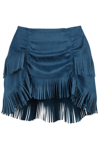 Blue Suede Ruched Bustle Skirt w/Fringe - Daisy Corsets