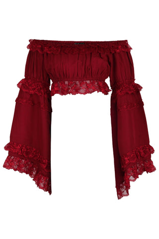 Dark Red Smocked Flare Sleeve Peasant Top - Daisy Corsets