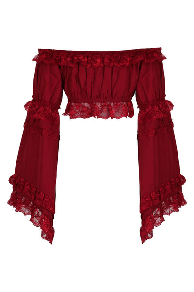Dark Red Smocked Flare Sleeve Peasant Top - Daisy Corsets