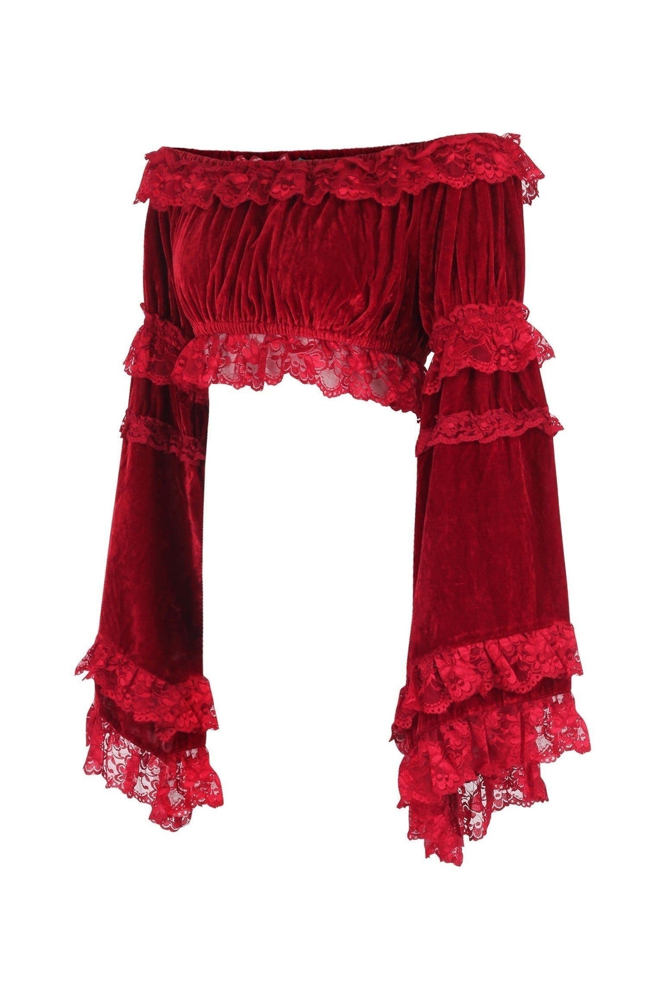 Red/Black Lace Smocked Flare Sleeve Peasant Top main image 1