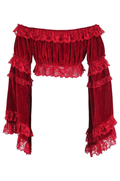 Dark Red Velvet Smocked Flare Sleeve Peasant Top - Daisy Corsets
