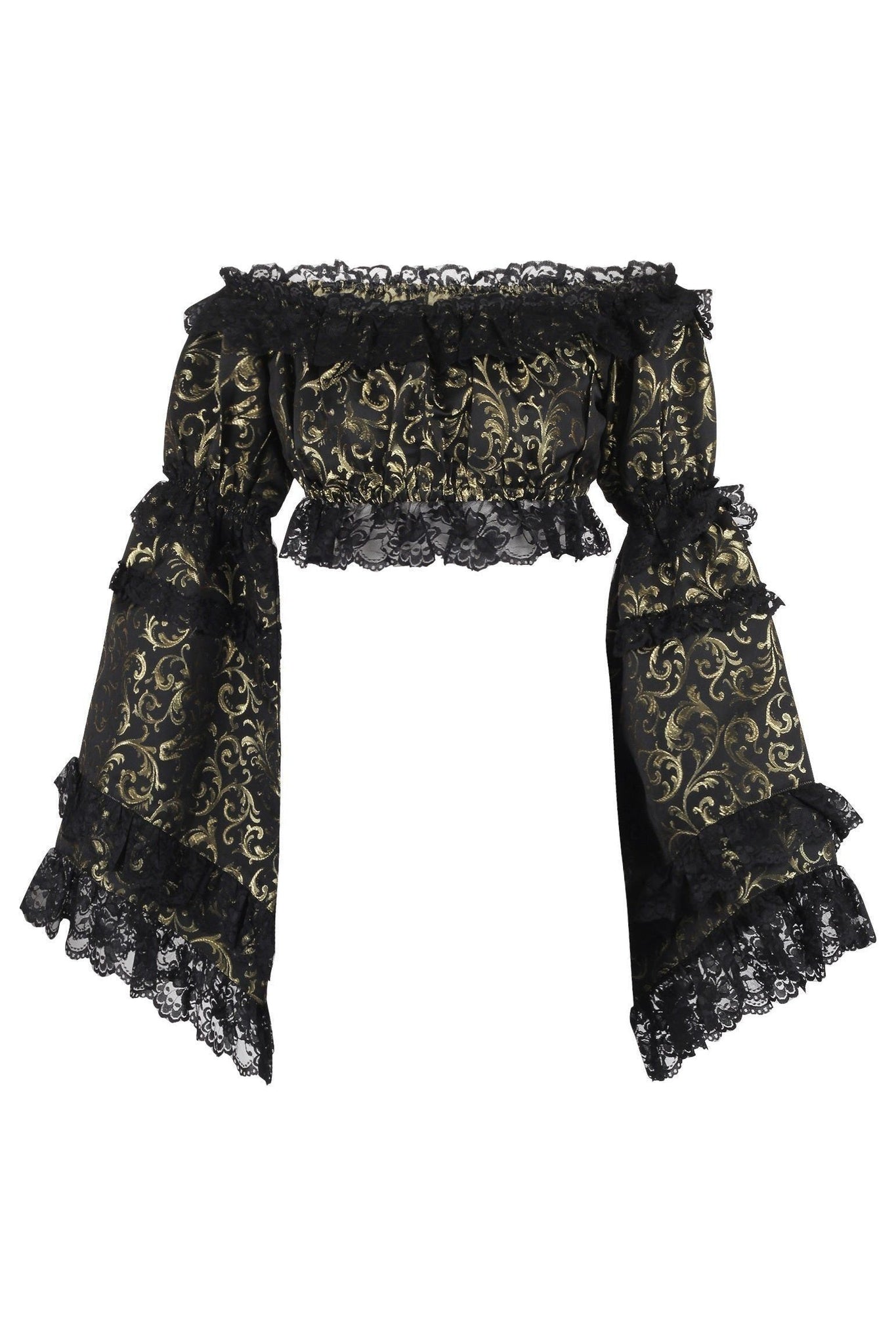 Gold/Black Brocade Smocked Flare Sleeve Peasant Top - Daisy Corsets