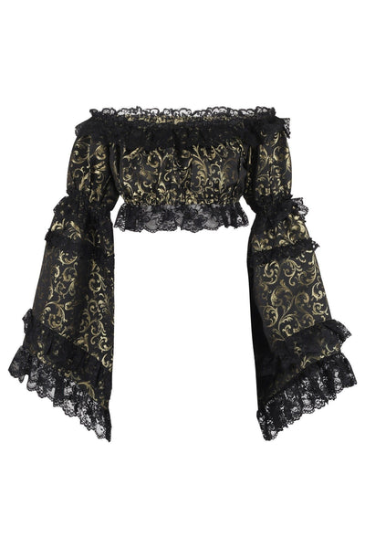 Gold/Black Brocade Smocked Flare Sleeve Peasant Top - Daisy Corsets