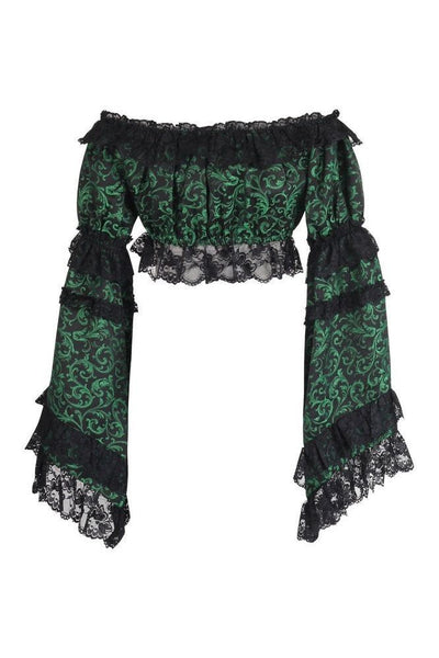 Green/Black Brocade Smocked Flare Sleeve Peasant Top
