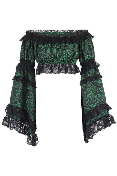 Green/Black Brocade Smocked Flare Sleeve Peasant Top