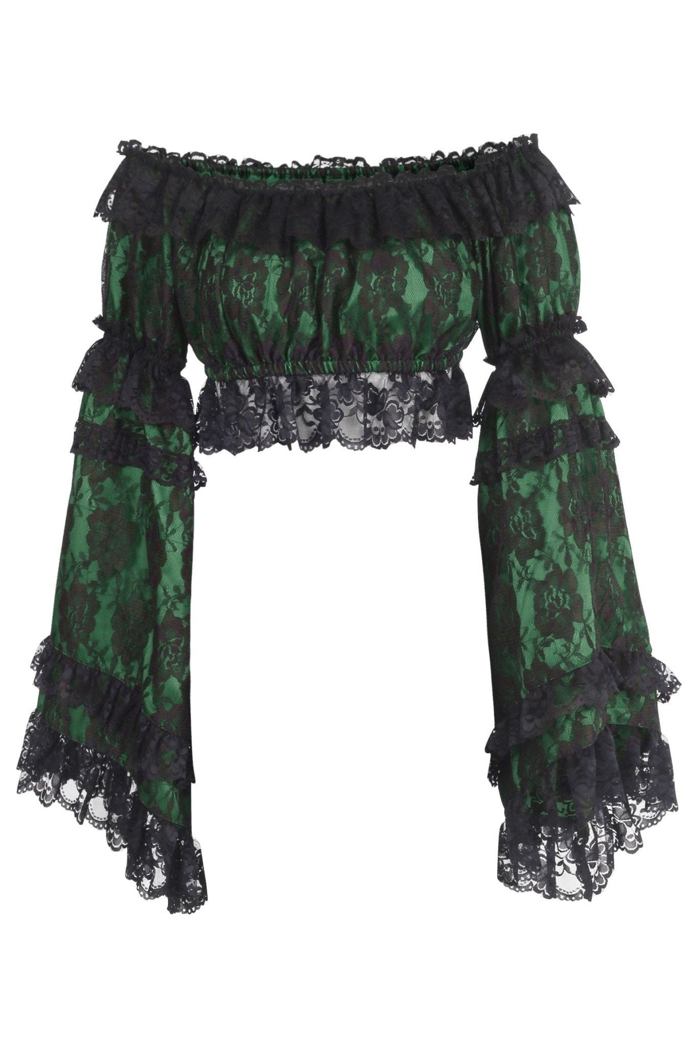 Green/Black Lace Smocked Flare Sleeve Peasant Top - Daisy Corsets