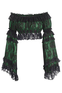 Green/Black Lace Smocked Flare Sleeve Peasant Top - Daisy Corsets