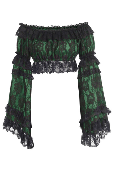 Green/Black Lace Smocked Flare Sleeve Peasant Top - Daisy Corsets