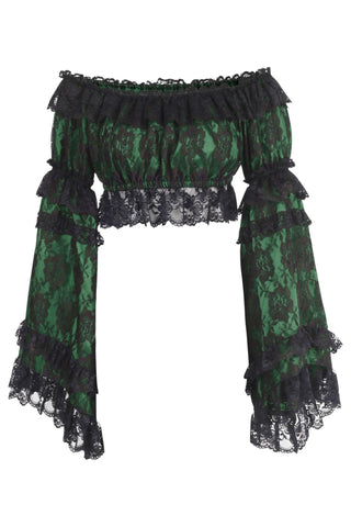 Green/Black Lace Smocked Flare Sleeve Peasant Top - Daisy Corsets