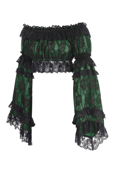 Green/Black Lace Smocked Flare Sleeve Peasant Top - Daisy Corsets