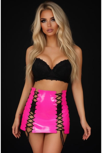 Hot Pink Patent Lace-Up Skirt w/Black Lacing - Daisy Corsets