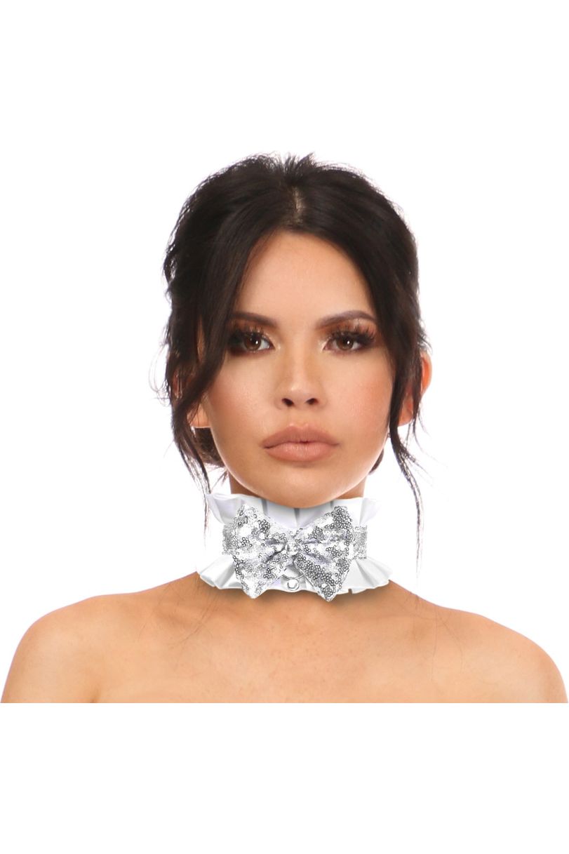Kitten Collection White/Silver Satin & Sequin Choker - Daisy Corsets