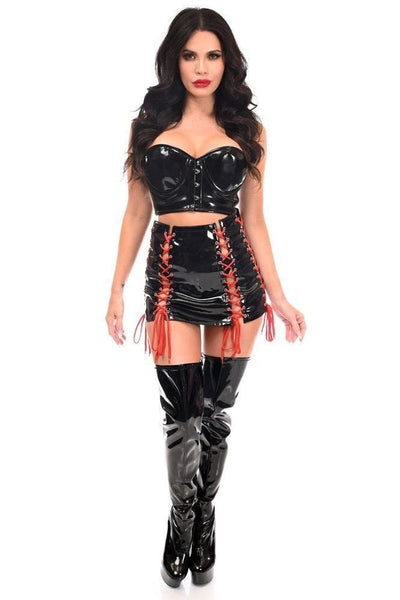 Lavish 2 PC Black Patent Bustier & Lace - Up Skirt Set - Daisy Corsets