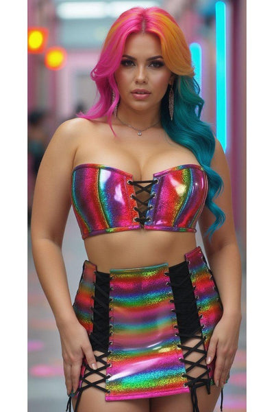 Lavish 2 PC Rainbow Glitter Bustier & Skirt Set - Daisy Corsets