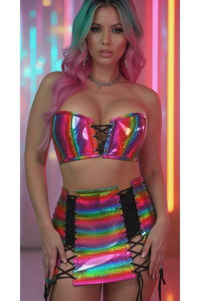 Lavish 2 PC Rainbow Glitter Bustier & Skirt Set - Daisy Corsets