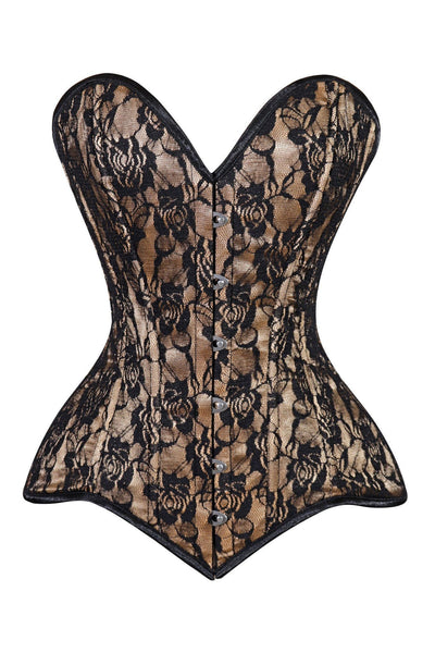 Lavish Beige/Black Lace Overbust Corset Sweetheart Neckline Busk Closure - Daisy Corsets