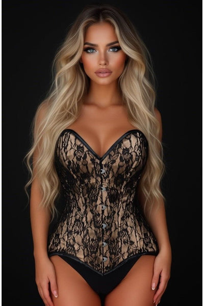 Lavish Beige/Black Lace Overbust Corset Sweetheart Neckline Busk Closure - Daisy Corsets