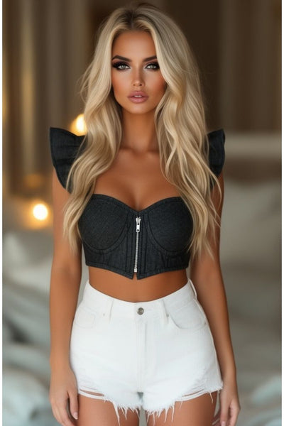 Lavish Black Denim Underwire Bustier Top w/Removable Ruffle Sleeves - Daisy Corsets