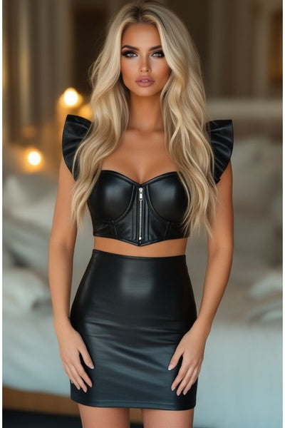 Lavish Black Faux Leather Underwire Bustier Top w/Removable Ruffle Sleeves - Daisy Corsets