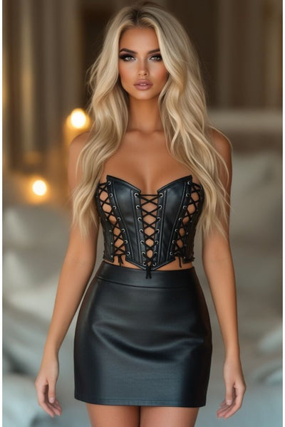 Lavish Black Faux Leather w/Black Lacing Lace-Up Bustier - Daisy Corsets