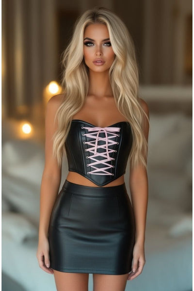 Lavish Black Faux Leather w/Pink Lace-Up Bustier - Daisy Corsets