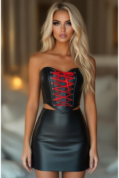 Lavish Black Faux Leather w/Red Lace-Up Bustier - Daisy Corsets