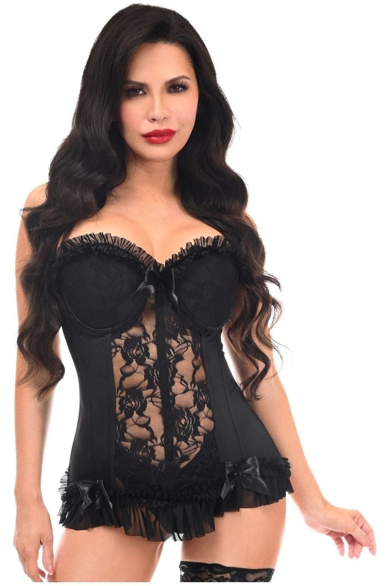 Lavish Lt Blue w/Black Lace & Lycra Hook & Eye Stretch Bustier Corset
