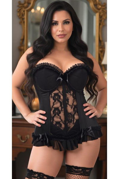 Lavish Black Lycra & Lace Hook & Eye Stretch Bustier Corset - Daisy Corsets