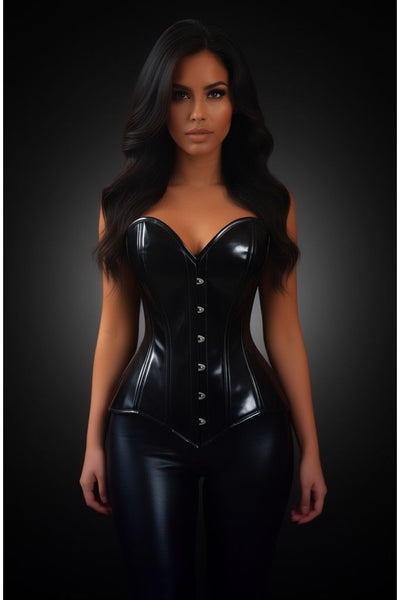 Lavish Black Patent PVC Vinyl Overbust Corset Sweetheart Neckline Busk Closure - Daisy Corsets
