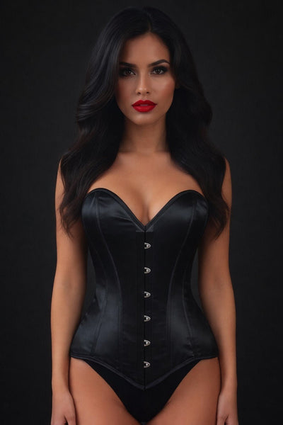 Lavish Black Satin Overbust Corset Sweetheart Neckline Busk Closure - Daisy Corsets