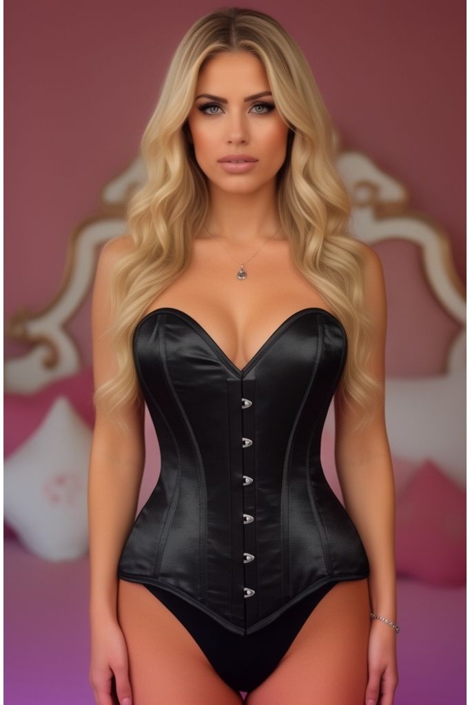 Lavish Black Satin Overbust Corset Sweetheart Neckline Busk Closure - Daisy Corsets