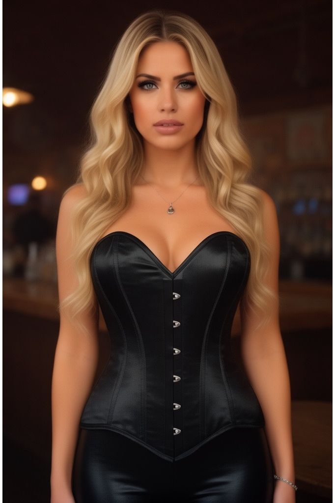 Lavish Black Satin Overbust Corset Sweetheart Neckline Busk Closure - Daisy Corsets