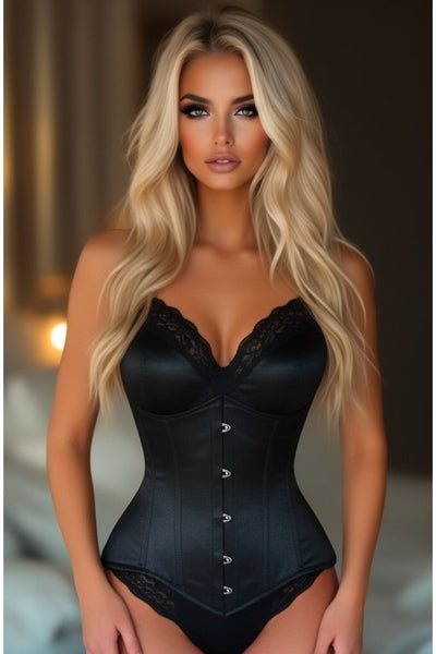 Lavish Black Satin Underbust Corset Waist Cincher Busk Closure - Daisy Corsets
