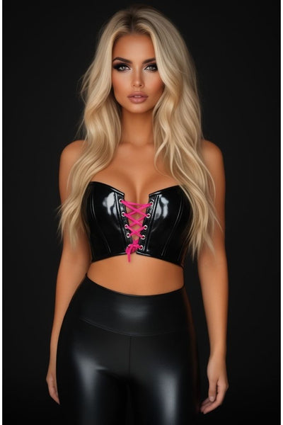 Lavish Black/Hot Pink Patent Lace-Up Short Bustier Top - Daisy Corsets