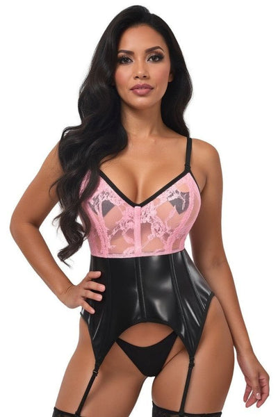 Lavish Black/Pink Wet Look & Lace Bustier Corset w/Garters - Daisy Corsets